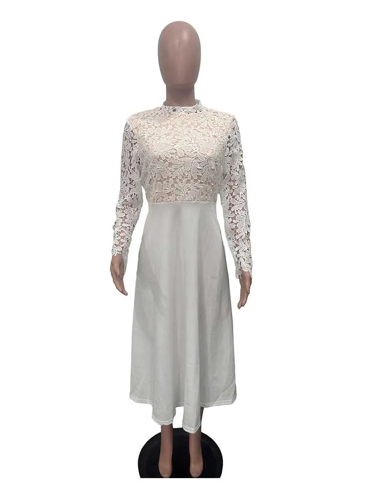 Elegant Party Dresses Woman Fall Fashion Lace Long Sleeve See Through Dress Vintage Laides Evening Dress Wholesale Dropshipping