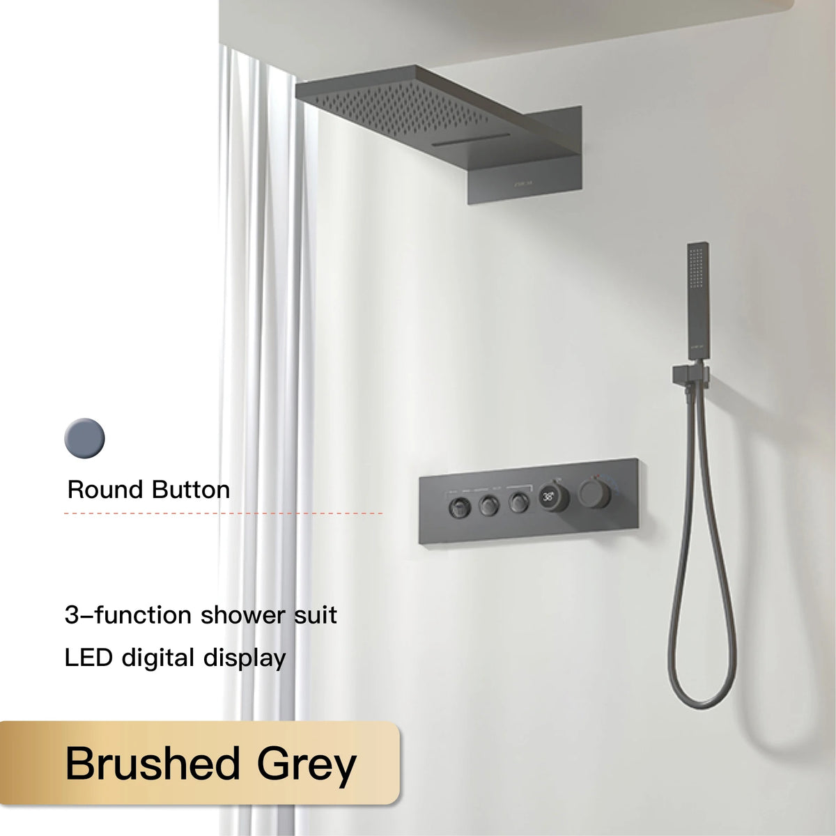 Luxury Black Brass Shower System, Wall Mounted Led Digital Display, Cold Hot Dual Control, Four Function Ceiling Shower Tap