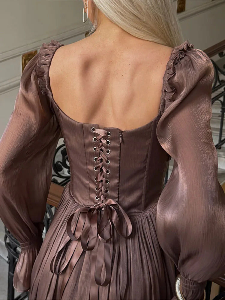 Elegant Square Neck Dress Women's Corset Mini Dress Ruffle Trim Long Sheer Puff Sleeves Romantic Party Dresses Woman Clothes