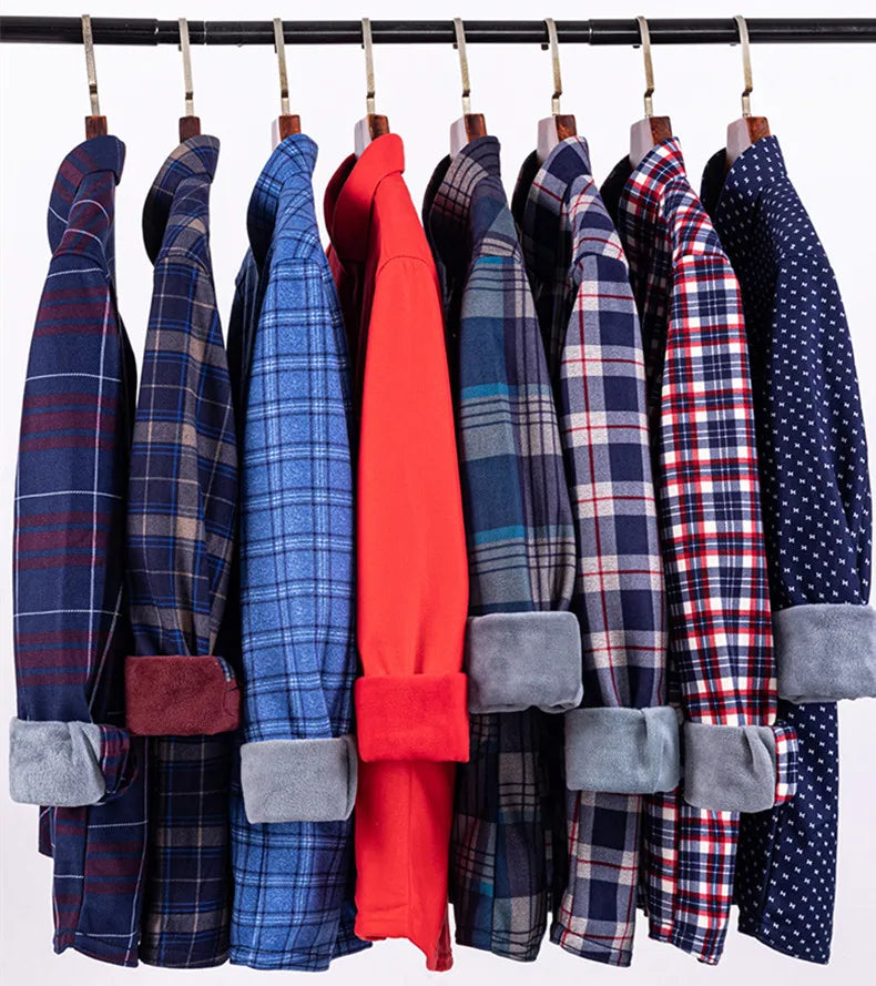 Plus Size 8XL 7XL 6XL Men's Thickene Shirt Long Sleeve Fleece Warm Winter Autumn Casual Soft Print Daily Thermal Male Clothing