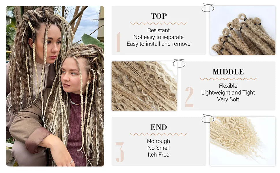 24 Inch Synthetic 8 Strands/Lot SE Dreadlocs Braids Hair Extensions, 3 In 1 Mixed Hippie Style Single End Dreadslocks for Women