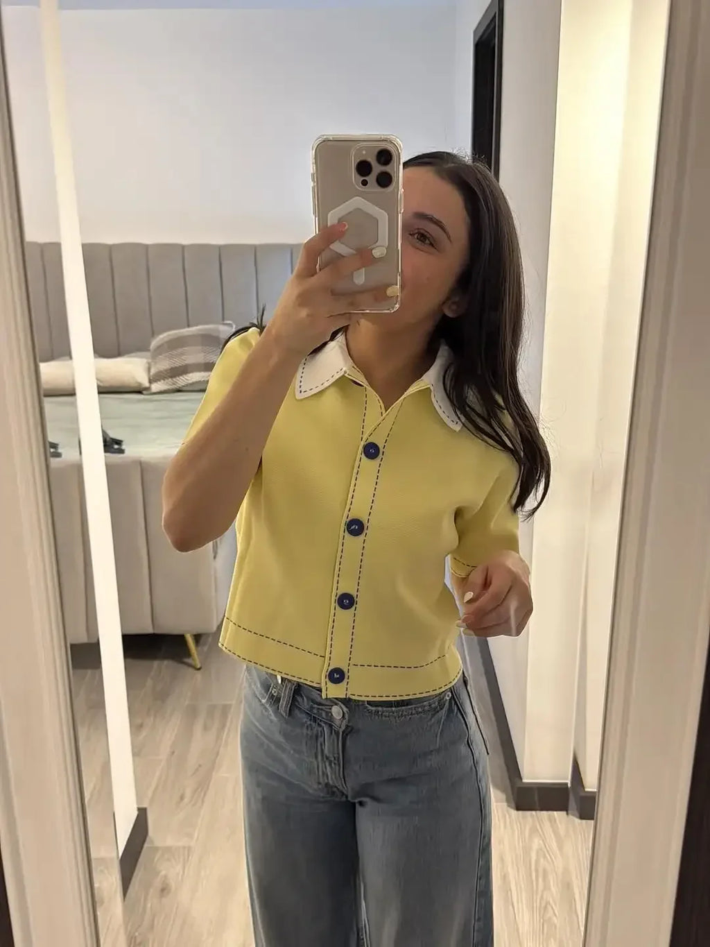 Casual Yellow Lapel Knitted Sweater Women Chic Short Sleeve Single Breasted Warm Pullover Lady Autumn Commute Street Outwear New