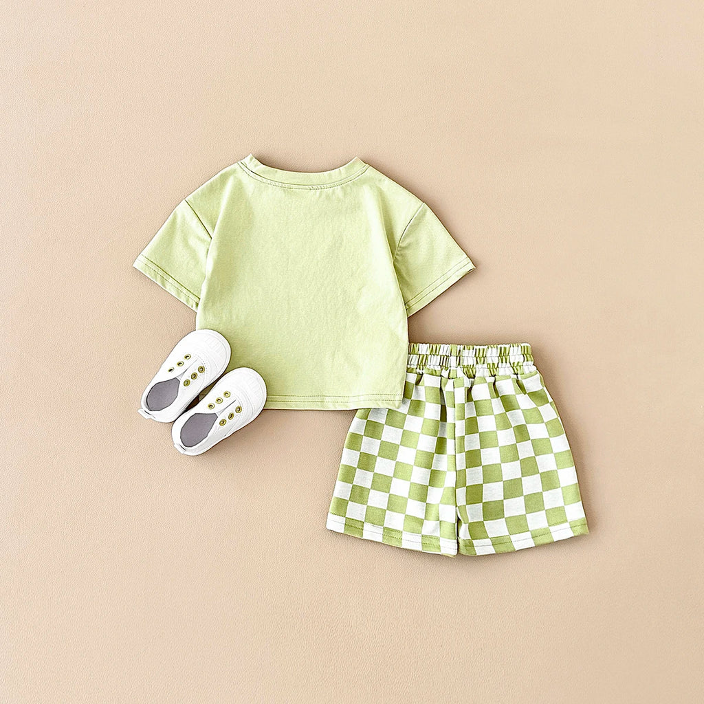 2PCS Kids Clothes Baby Boys Girls Solid Color Short Sleeve T-shirt Plaid Pattern Shorts Sets Baby Clothing Sets 0-3Y