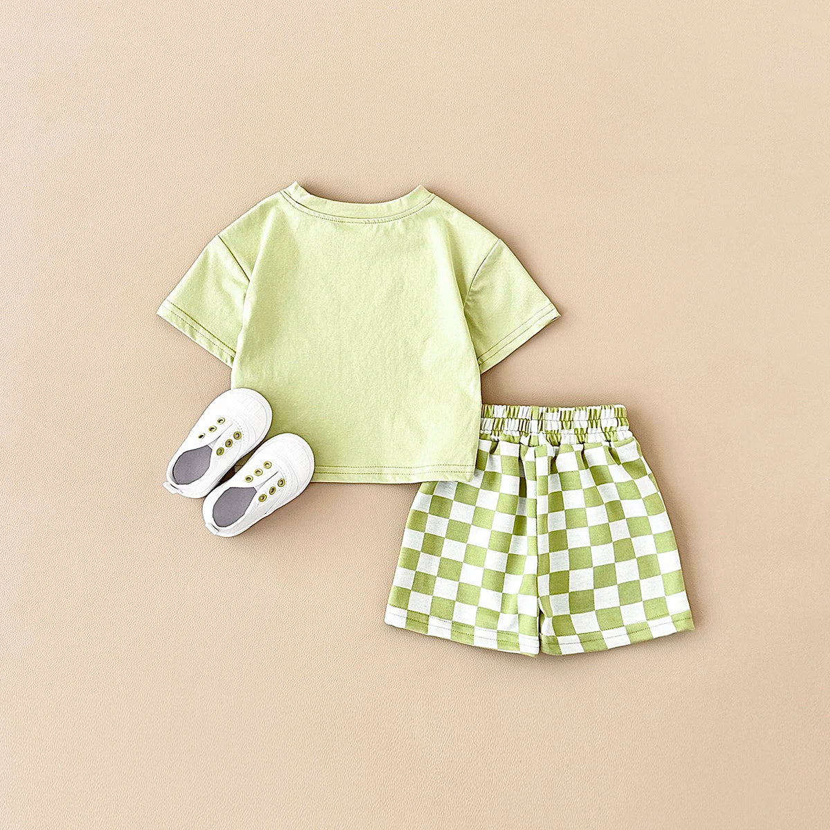 2PCS Kids Clothes Baby Boys Girls Solid Color Short Sleeve T-shirt Plaid Pattern Shorts Sets Baby Clothing Sets 0-3Y