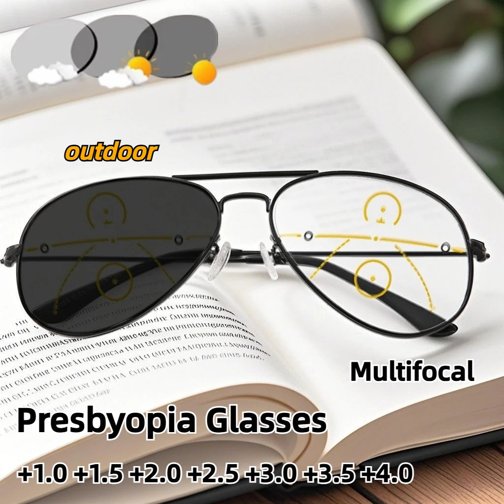 Unisex Fashion New Photochromic Multifocal Presbyopia Glasses Large Frame Ultralight Blue Light Blocking Reading Glasses TO +4.0