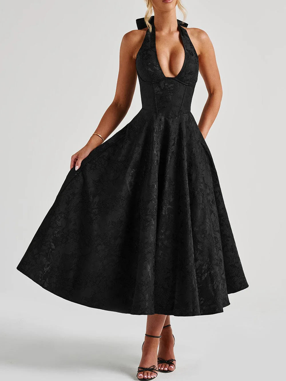 Puss Deep V-Neck Halter Dress Woman Summer Jacquard High-end evening dress Backless Elegant Patchwork Solid Party Sexy Vestidos
