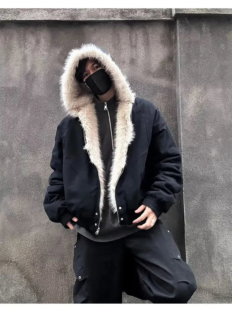 American Retro Lamb Fleece Cotton Jacket Winter Thickened Keep Warm Fur Collar Jacket Zipper Hoodie Loose Coat men clothing