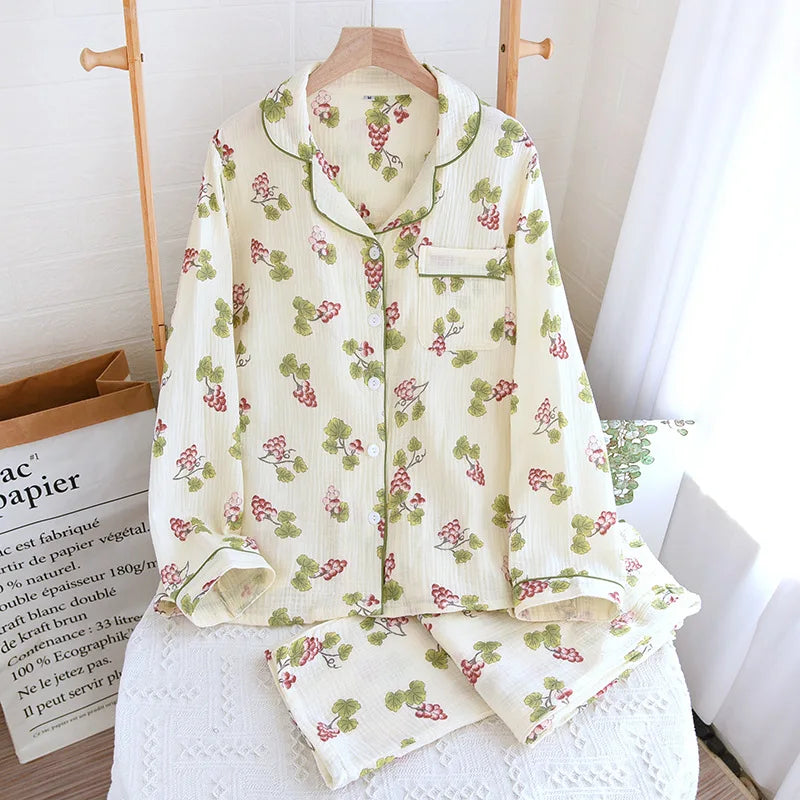 2026 Spring and Autumn Women's Pajama Set 100% Cotton Crepe Long sleeved Pants Two piece Cute and Sweet Home Fury Set Ladies