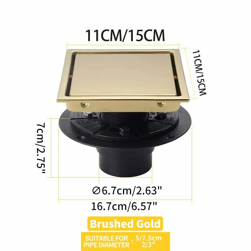 Square Shower Drain Tile Insert Anti Odor Stainless Steel Floor Drain Kit with Removable Grate Cover Hair Strainer Black Gold