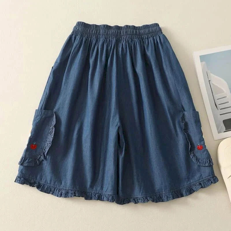 Denim Shorts Women Summer Wear Vintage Drawstring Elastic Waist Ruffle Wide Leg Pants Casual Loose Jean Shorts Women Clothing