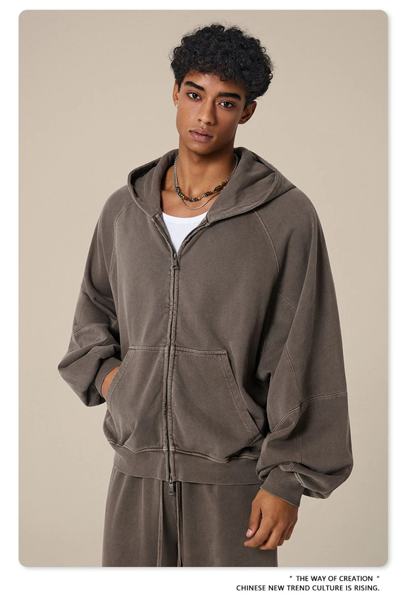 ZODF Heavy Wieght 480gsm Washed Cotton Boxy Zipper Hoodies For Man Unisex Retro Patchwork Off Shoulder Hooded Coats HY1152