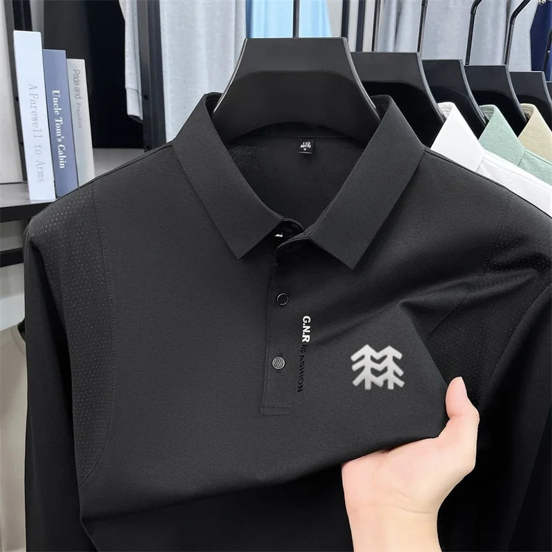 Men's Autumn Long Sleeved Polo Shirt Collar Offset Printing Breathable Mesh Design T-Shirt Sports and Casual Men's Clothing Top