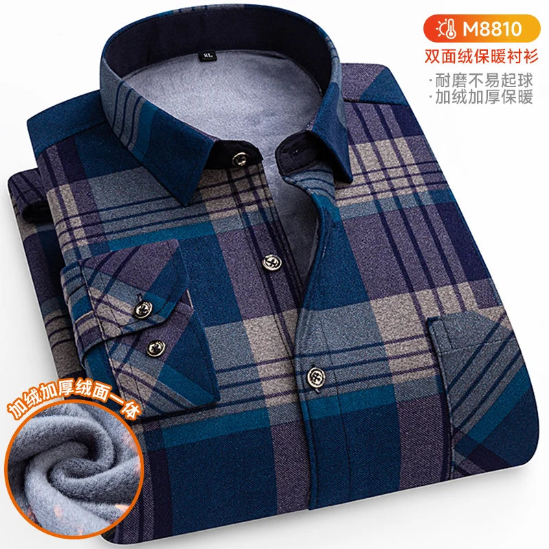 Winter Warm Shirts For Men Regular Fit Thicker Velvet Top Blouse Asia Plus Size Big Plaid Casual Clothing Long Sleeves Shirts