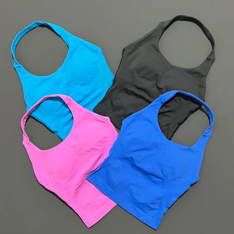 HISTELLO Sports Halter Top Seamless Longline Strappy Gym Tank Top Women Yoga Clothing Workout Fitness Sportswear Pilates Vest