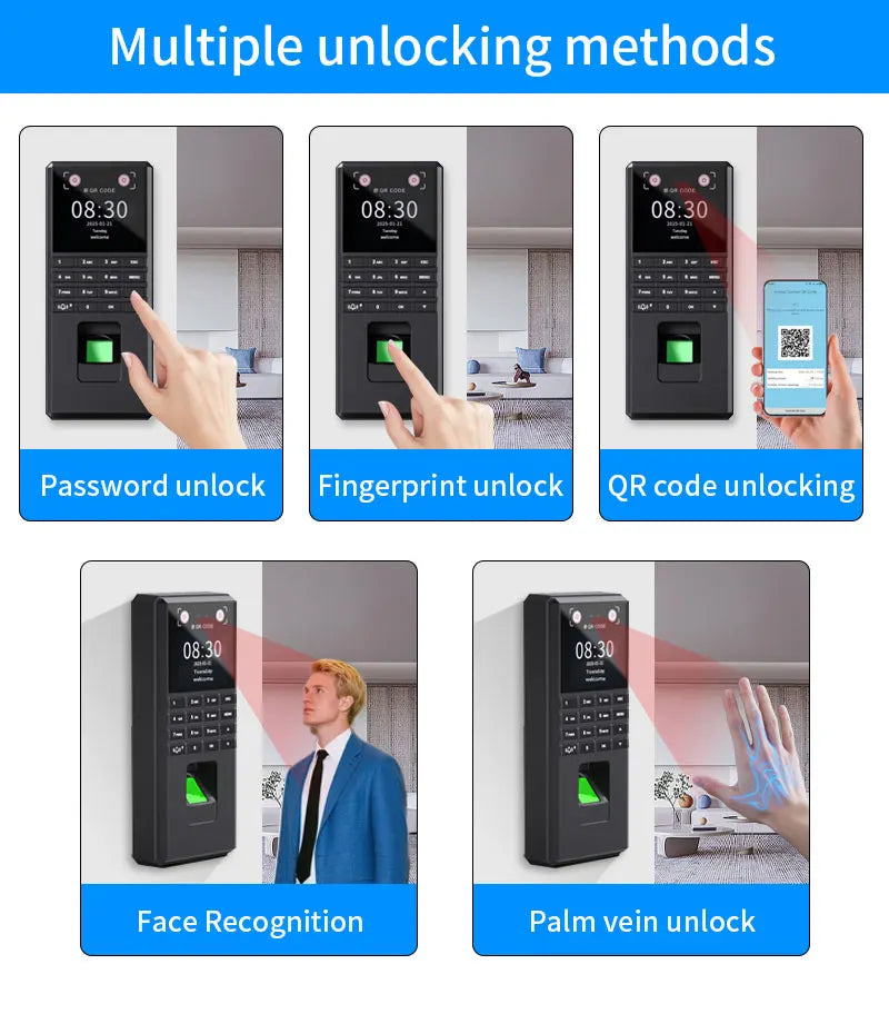 Palm Vein Face Fingerprint Recognition Attendance Machine Mobile APP QR Code Check-In Password Time Clock Access Control System