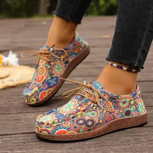 Spring 2025 Women's Printed Canvas Shoes Flat Platform Casual Toe Loafers Breathable Autumn Fashion Sneakers