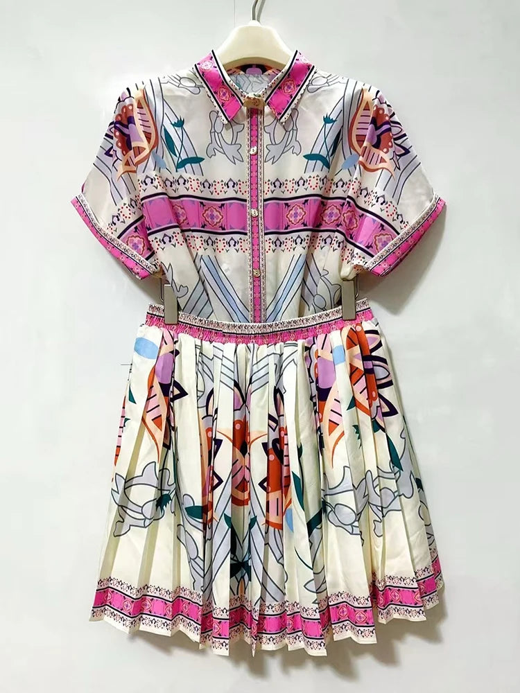 Designer retro geometric print lapel short-sleeved shirt two-piece 2026 summer women's dress+loose pleated skirt fashion suit