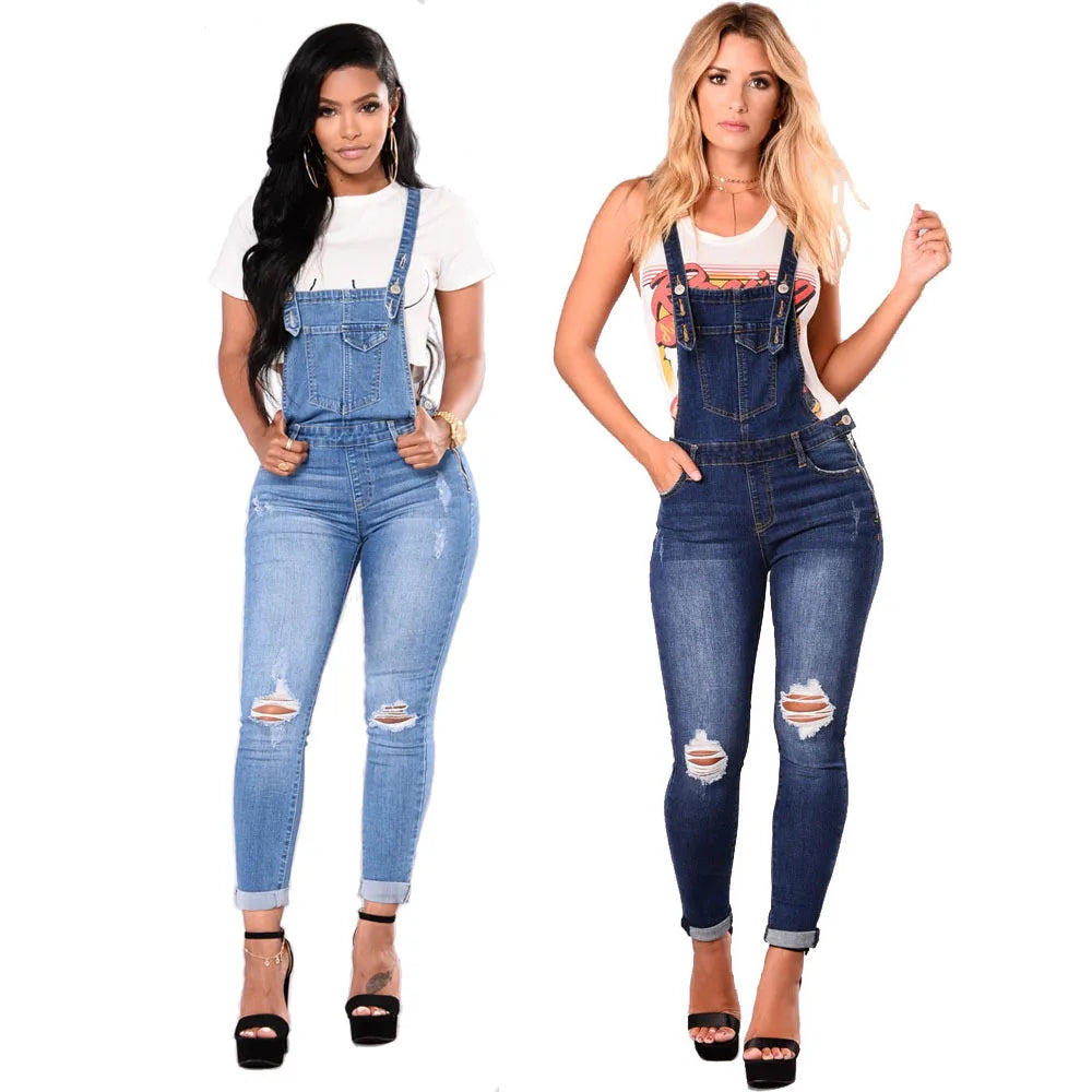 Autumn Denim Jumpsuit Women Jeans Pants Rompers Casual Hole Overralls Trousers Female High Waist Slim Denim Jeans Pencil Pants