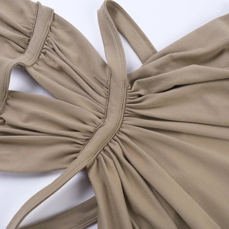 Halter Cut-Out Draped Super-Cut Back Bare Elegant Party Maxi Dress Waistless Backless Sleeveless Khaki Evening Prom Long Dress