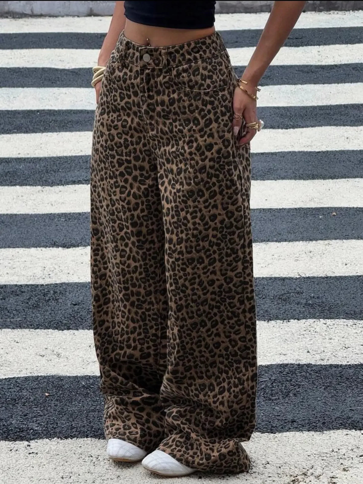 Womens Leopard Print High Waisted Y2K Denim Wide Leg Pants Casual Loose Streetwear Vintage Trousers with Pockets Daily WearK