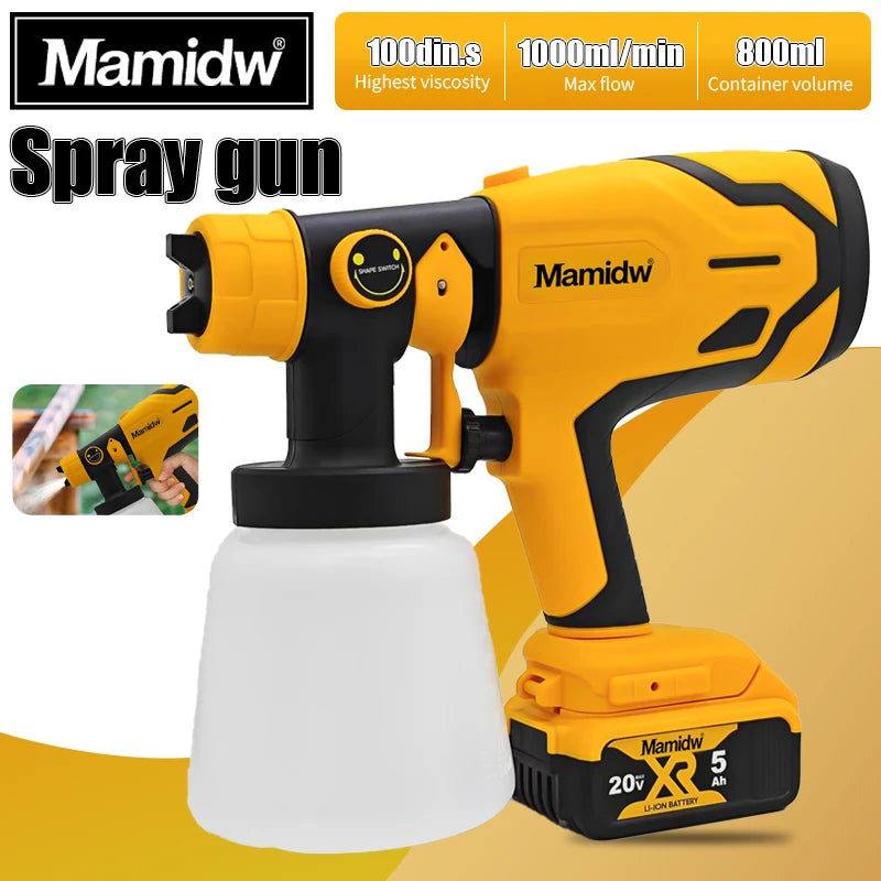 800ML Electric Spray Gun High Power Cordless Paint Sprayer HVLP Auto Furniture Steel Coating Airbrush For Dewalt 20v Battery