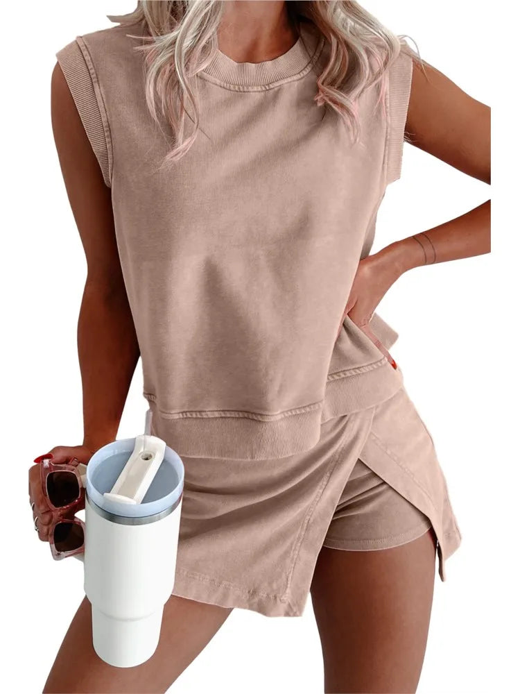 Solid Color Fashion Casual Set For Women 2025 Summer New Pure Cotton Short-sleeved T-shirt And Three-inch Pants Two-piece Set