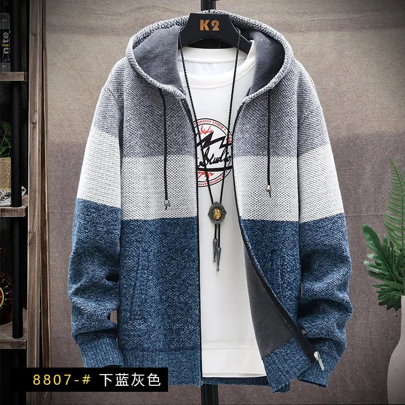 Men's Knitted Sweater Cardigan Thickened Fleece Hooded Casual Style Warm Outerwear Autumn Winter New Arrival Korean Version