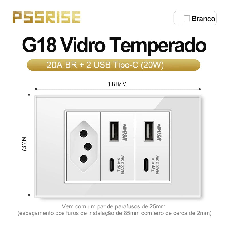 PSSRISE White Tempered Glass Standard sockets and switches brazil Switzerland Usb Type C Wall Socket Light Switch Smart Switch