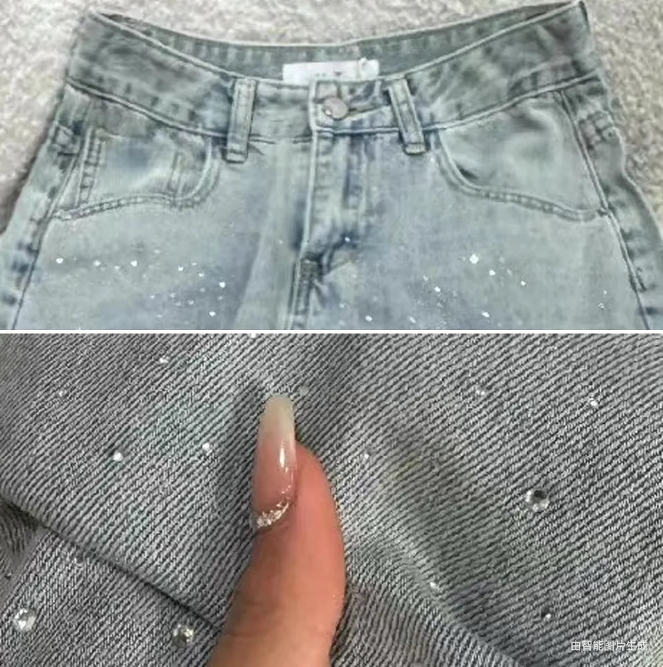 Light Blue Glitter Heavy Embellished Wide Leg Jeans Summer New Loose Fit Floor Length Pants Slimming Effect High Waist Denim