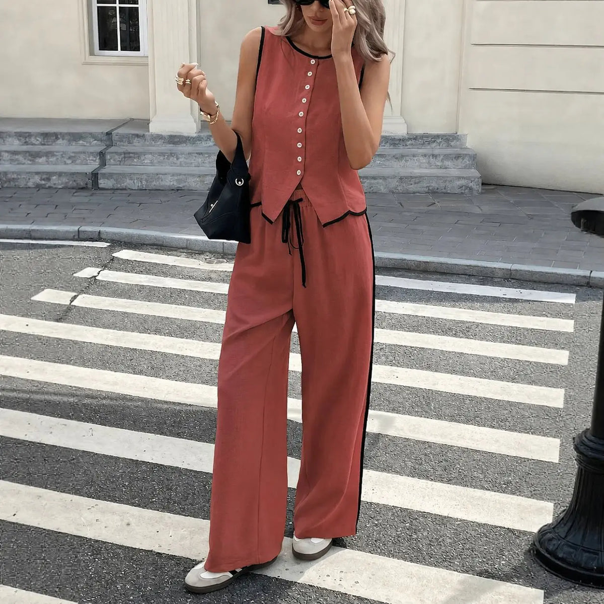2026 New Multi Color Contrast Edge Tank Top and Trousers Suit Ladies Sleeveless Waistcoat Loose Pants Daily Travel Streetwear