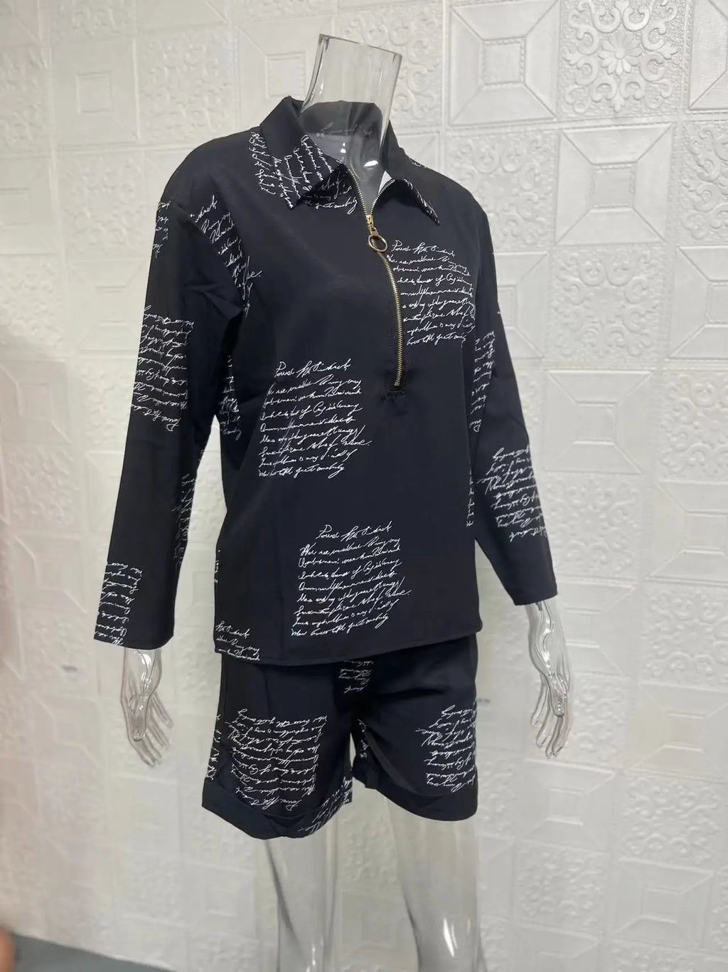 Summer Women's Letter Print Shirts Two Piece Sets Casual Turn-down Neck Long Sleeve Zipper Blouses Shorts Suits Loose Streetwear