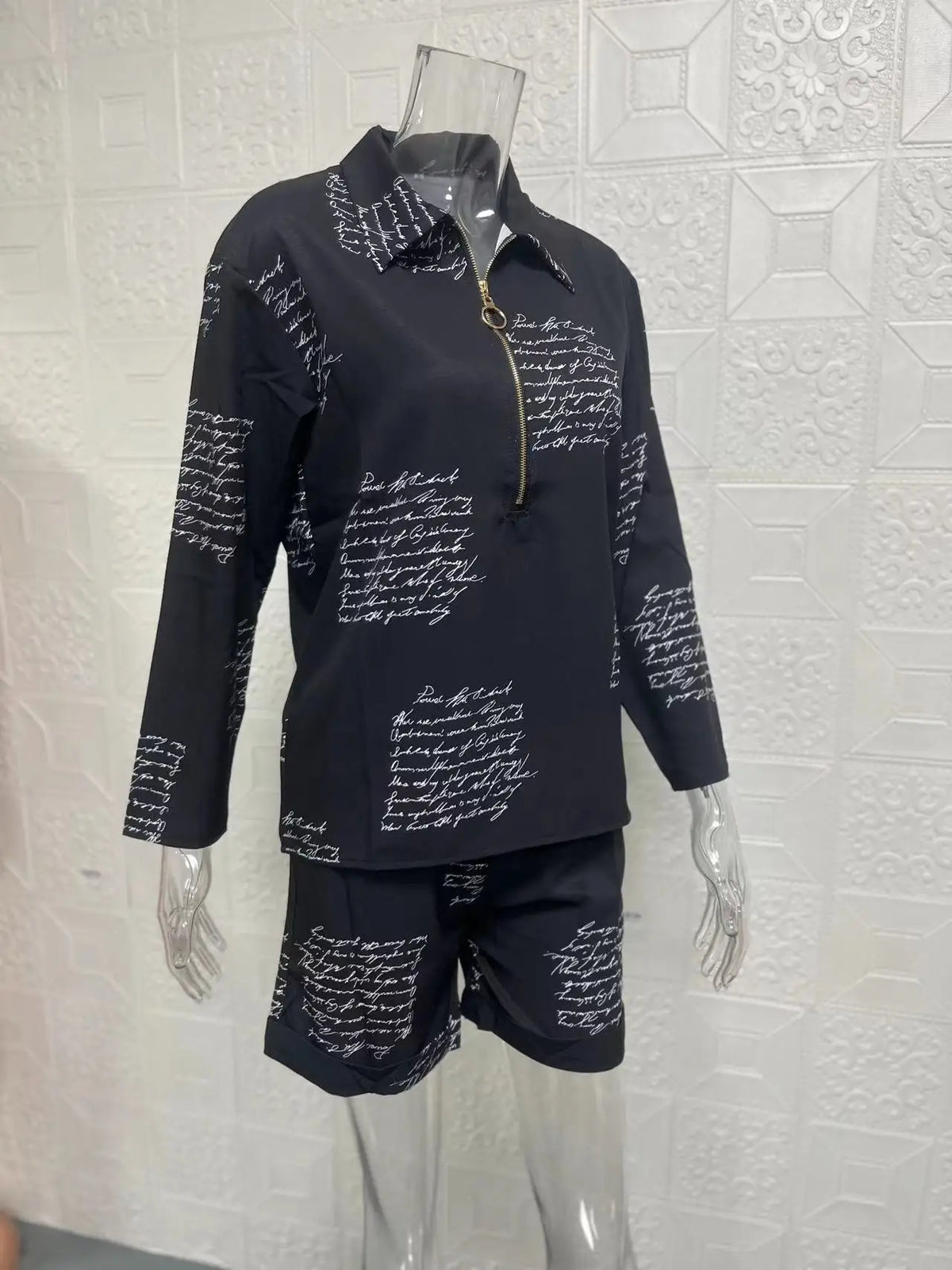 Summer Women's Letter Print Shirts Two Piece Sets Casual Turn-down Neck Long Sleeve Zipper Blouses Shorts Suits Loose Streetwear