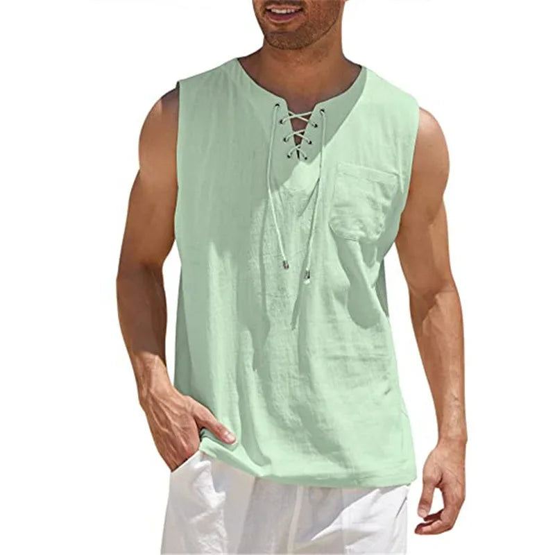 New 2026 Men's Casual Cotton Linen Tank Tops Men Drawstring V Neck Sleeveless Shirts Summer Casual Shirt Gym Fitness Vest Tops