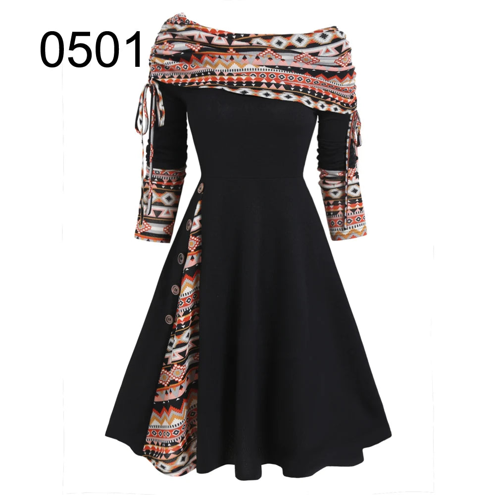Convertible Cinched Striped Flare Dress Foldover Off The Shoulder Knitted Dresses Women 2023 Long Sleeve Jurken