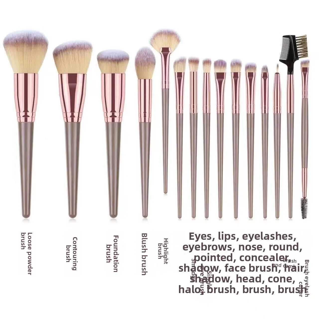 15pcs Makeup Brush Set Full Kit Powder Blush Contour Eyeshadow Lip Brushes Pink Handle Cosmetic Brushes for Liquid Foundation
