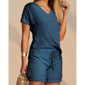 Women Buttoned Short Sleeve V-Neck Top & Drawstring Shorts Sets Women 2 Pieces Casual Two Pieces Set Summer Outfits Clothing