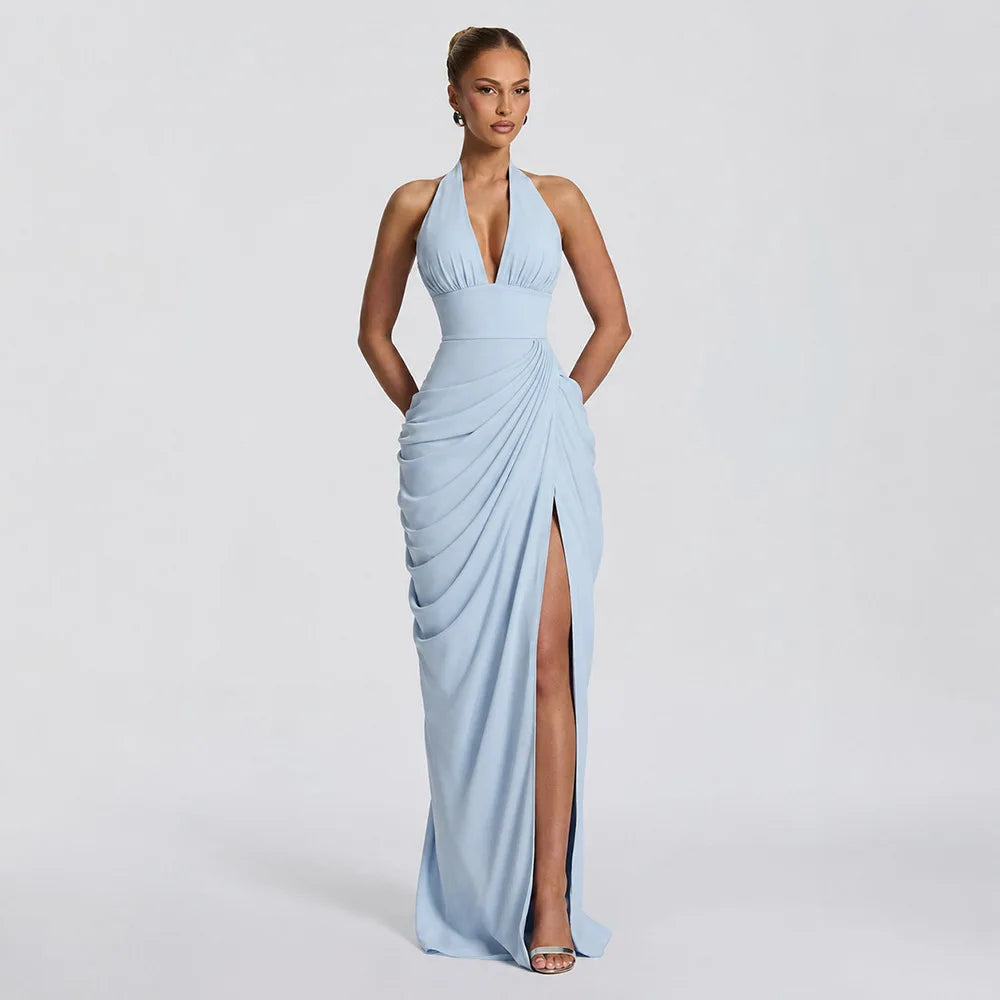 Sexy Solid Pleated Halter Women's Dress Fashion Sleeveless Backless Waist-cinching Split Maxi Dresses 2026 Summer Party Gowns