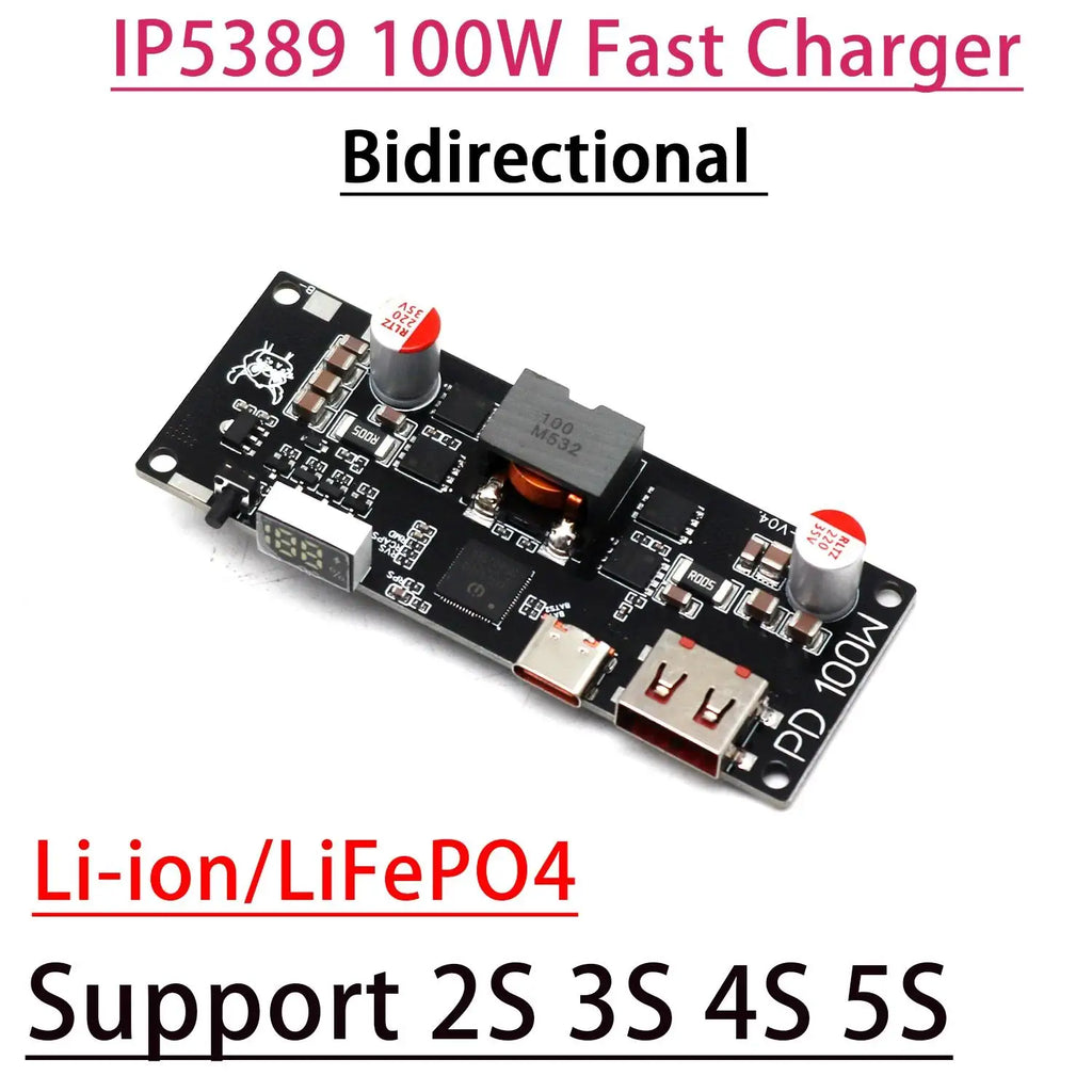 100W Fast Charge Power Bank Module IP5389 2S 3S 4S 5S Bidirectional USB-C Charger/Discharger POWER LED Display For Laptop/Drone