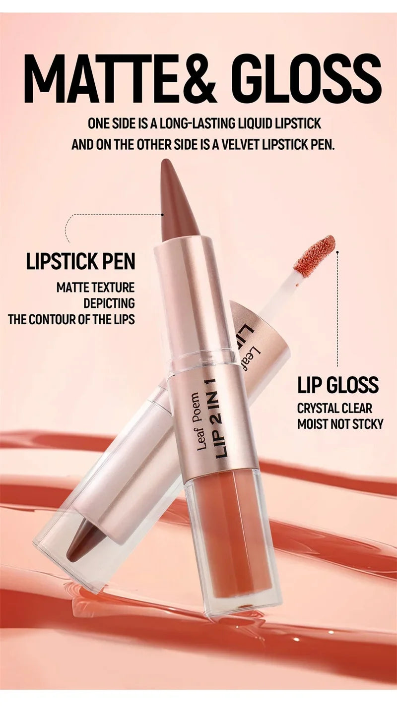 2IN1 Tapered Gradient Lipliner Pen Nude Brown Mirror Glass Lip Gloss Matte Lip Liner Waterproof Lip Contour Non Stick Makeup