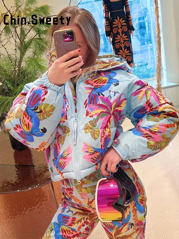 Women's Printed Hooded Ski Jackets Jumpsuit Sets Long Sleeve Zipper Short Coats Straight Leg Overalls 2026 Winter Lady Ski Suits