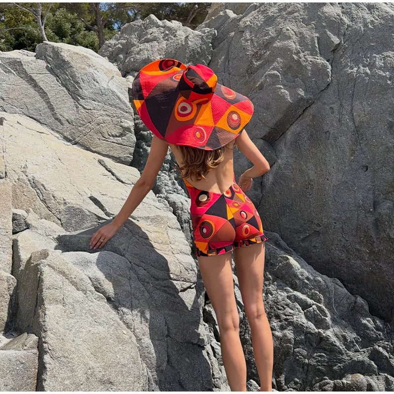 Abstract Print Halter Neck Deep V Sleeveless Short Jumpsuit Self Tie Back 2026 Spring Summer Beach Party Lady Women Outfit