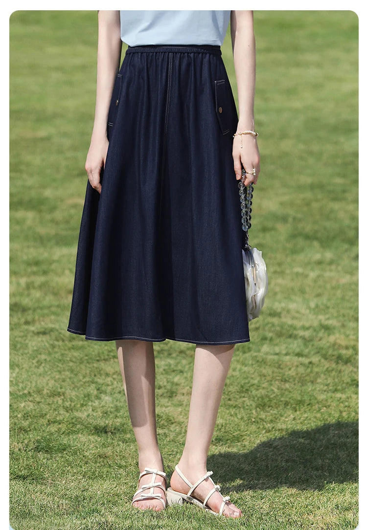 I BELIEVE YOU Dark Blue Denim Midi Skirt for Women 2026 Spring Elastic Waist Skirts Casual A-Line Skirt with Pockets 2261026207