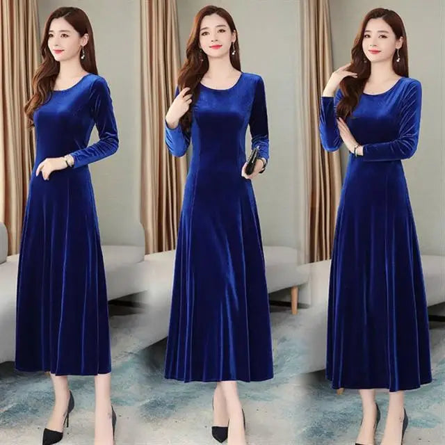 Elegant Long Velvet Dress Women's Autumn Winter New Style Knee-Length A-Line Skirt Polyester Fabric Regular Sleeve round Neck
