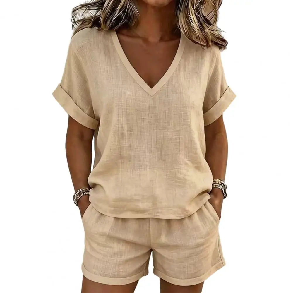 Women T-shirt And Shorts Set V-neck Short Sleeve Top 2 Piece Sets 2026 Elegant Summer Women Two Pieces Suit Female Outfit Clothe