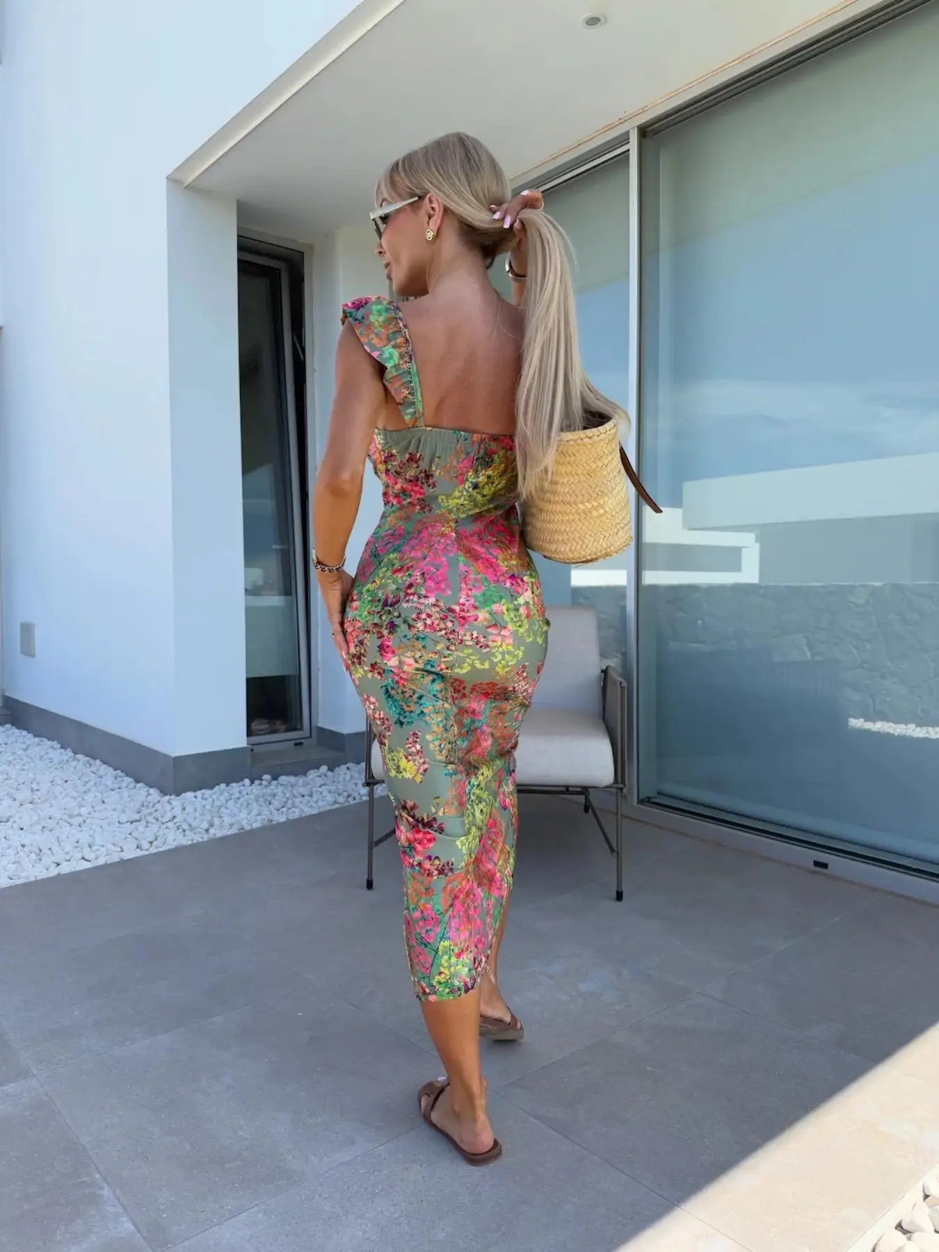 New European and American Summer Elegant Design French Flower Suspender Slit Midi-Length Ladies Dress