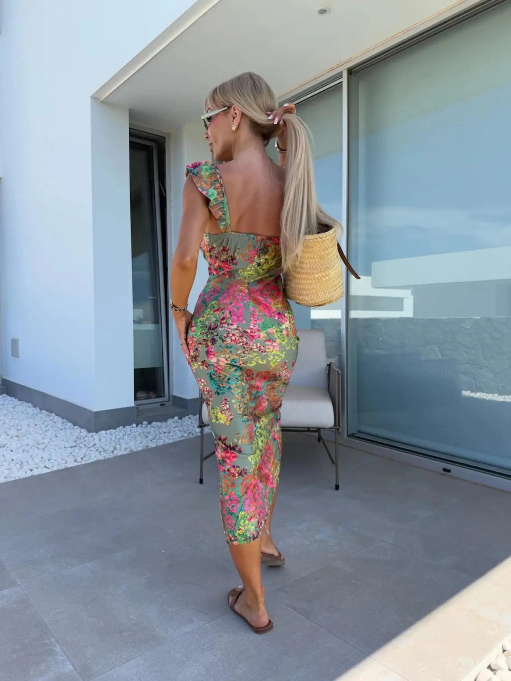 New European and American Summer Elegant Design French Flower Suspender Slit Midi-Length Ladies Dress