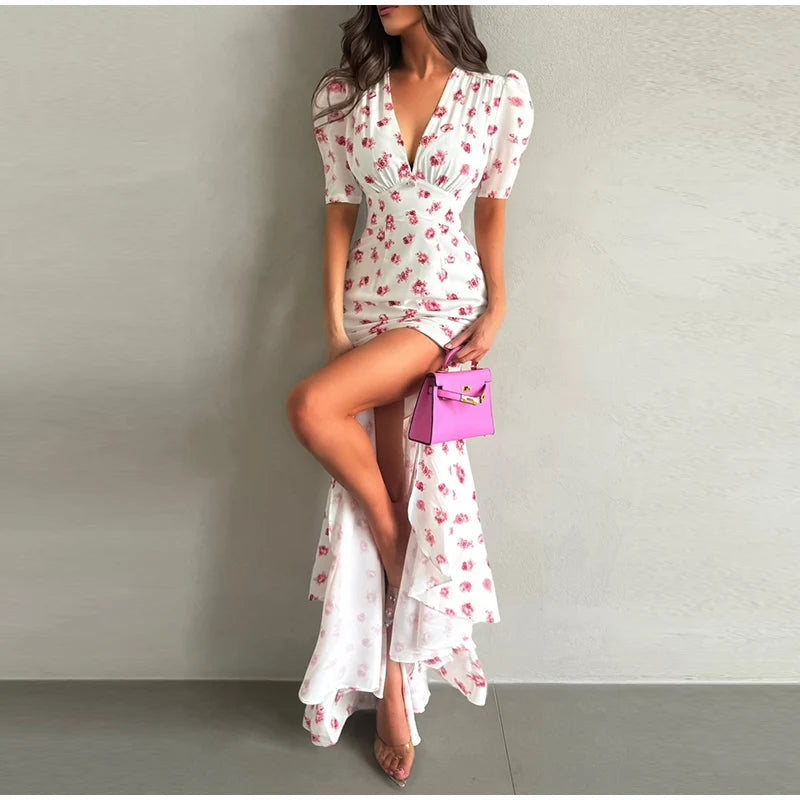 Slim Printed Waist-cinching Fishtail Dress 2026 Summer New Ladies Sexy V-neck Short Sleeve Split Long Robes Women's Party Gowns
