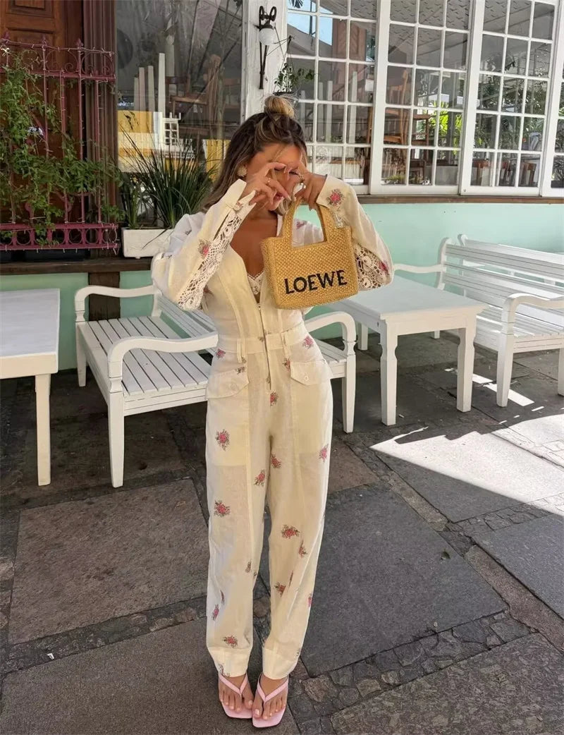 Guobioziy Women's Jumpsuit 2026 Early Fall New Arrival Fashionable Printed Long-Sleeve V-Neck Zipper Elastic Waist Jumpsuit