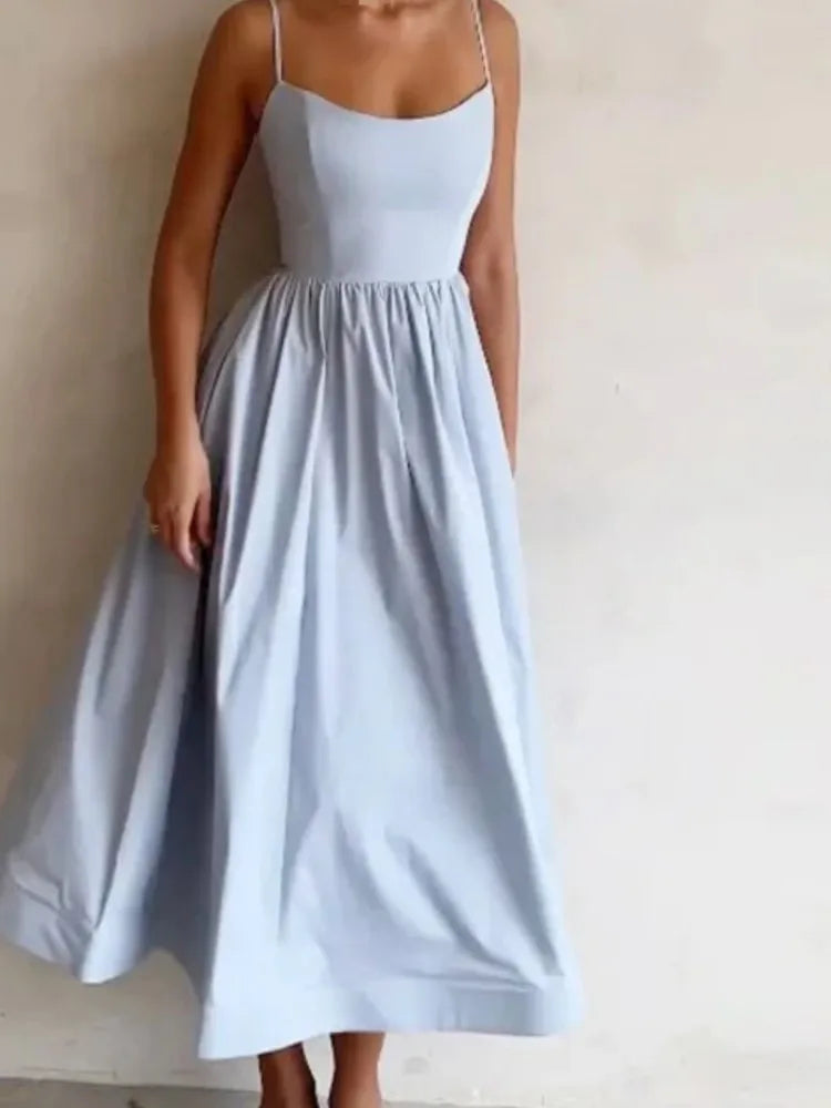 Summer U-neck Casual Female Vintage Elegant  Spaghetti Strap Dress Women Elegant Solid Sleeveless A-line Midi Women's Dresses