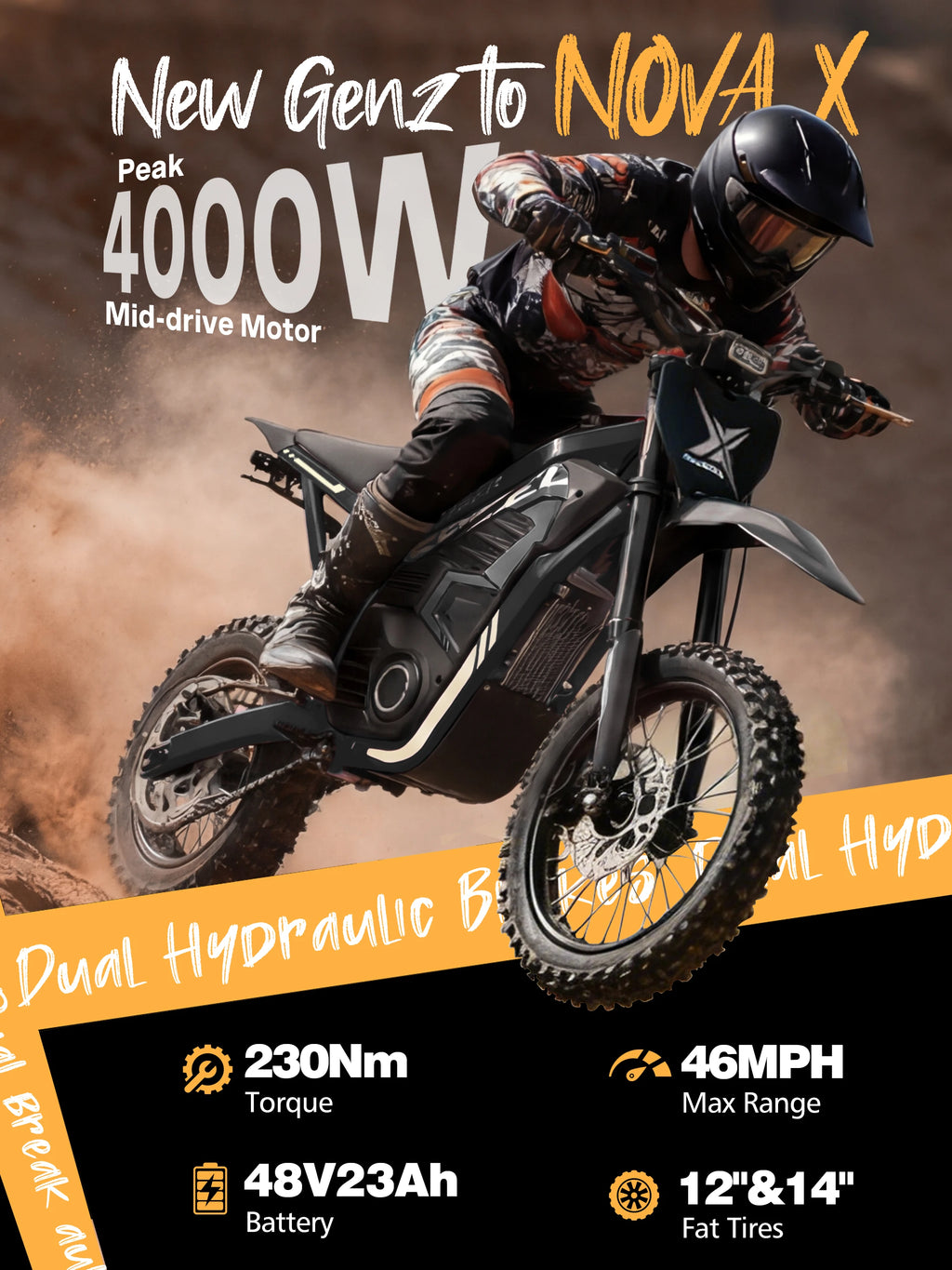 Eskute Nova X Electric Dirt Bike for Teens & Adults, 14"/12" Fat Tire Electric Motorcycle, 48V23AH Battery Nova Ebike 35-46MPH Ebike, Full Suspensions E-Moped for Kids, Teens & Adult